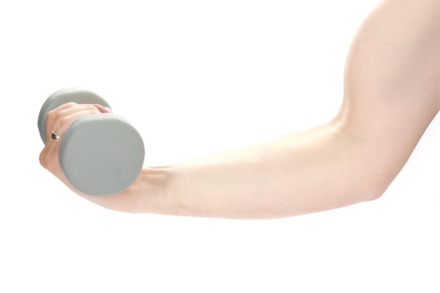 Free photo hand doing an exercise with dumbbell weight isolated on a white wall