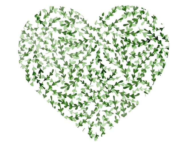 심장 모양 인사말 카드 서식 파일에 손으로 그린 분기. 식물 그림입니다. 귀여운 녹색 잎 심장 흰색 배경에 고립