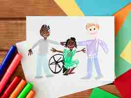 Foto gratuita bambino disabile disegnato a mano e amici