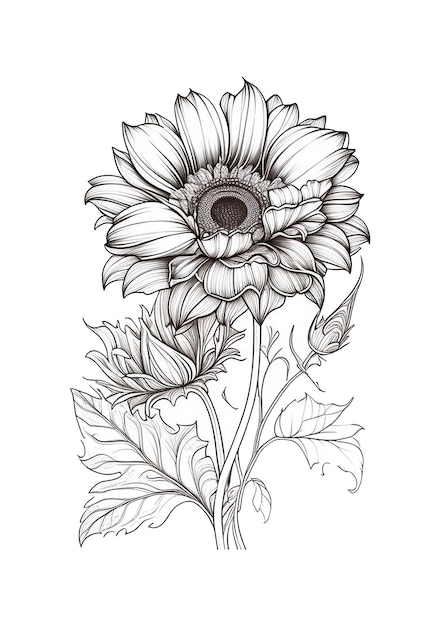 手描きのフラットなデザインのシンプルな花のぬりえページ