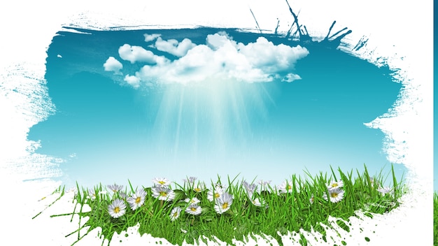 Hand drawn grass with daisies  and bright sky