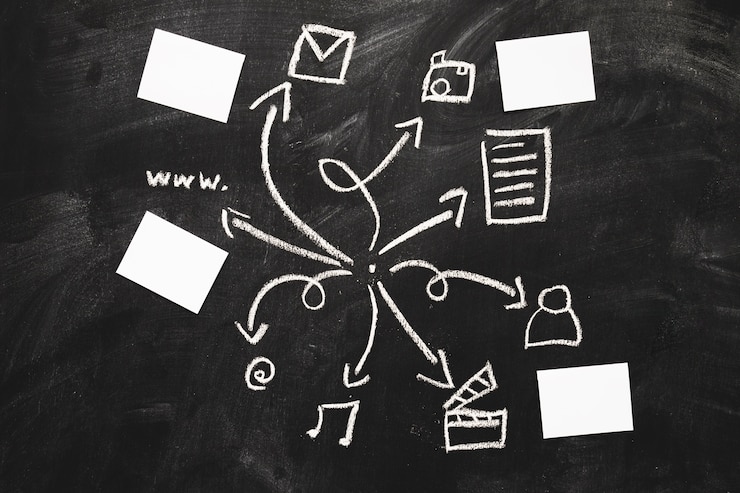 Free Photo hand drawn mobile application icons with blank paper on chalkboard