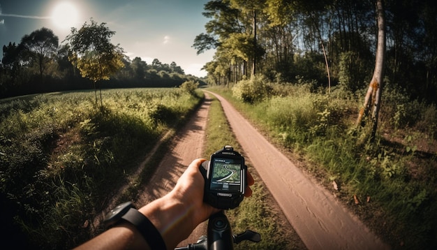 Бесплатное фото Ручной gps-навигатор проведет вас через сельский пейзаж, созданный искусственным интеллектом