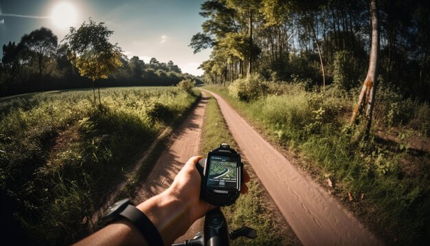 Hand held GPS guides adventure through rural landscape generated by AI