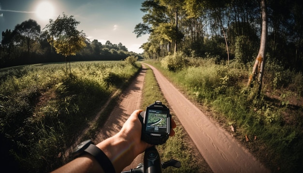 Hand held GPS guides adventure through rural landscape generated by AI