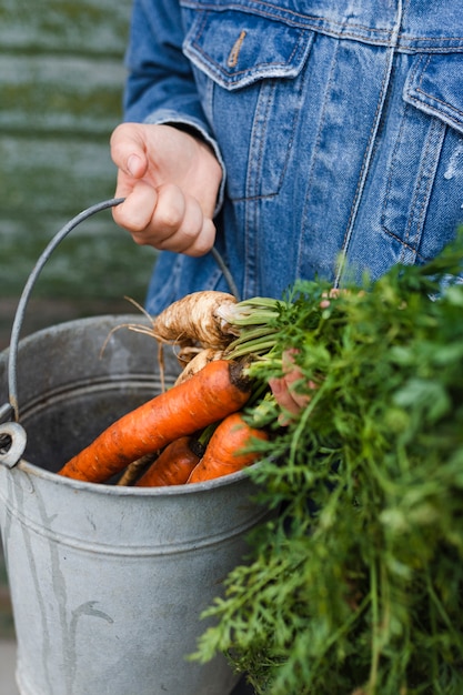 Бесплатное фото Рука держит серое ведро с морковью