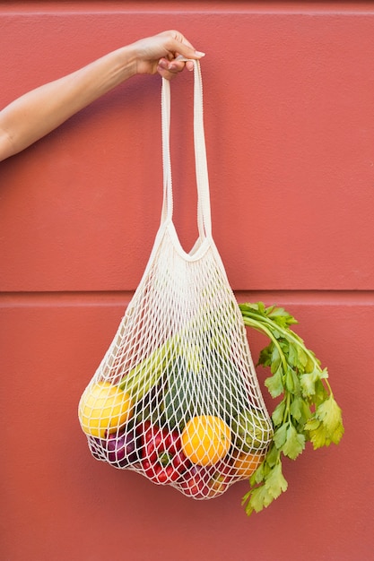 Hand holding bag with vegetables close up