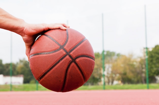 Hand holding a basket ball