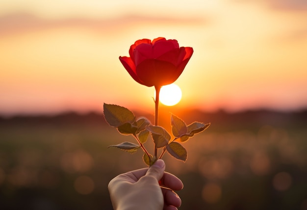 Free photo hand holding beautiful red rose