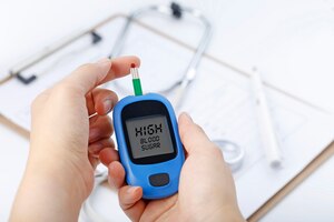 Hand holding a blood glucose meter measuring blood sugar, the background is a stethoscope and chart file