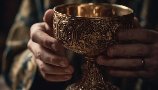 Hand holding chalice celebrating communion with God generated by AI