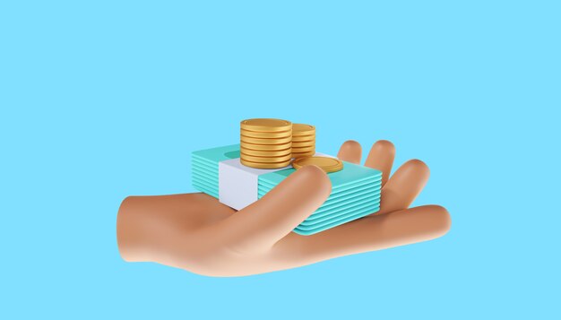 Рука, держащая стопку монет. экономия денег, онлайн-платежи и концепция оплаты. 3d иллюстрация