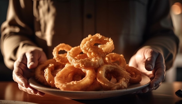 Mano che tiene uno spuntino malsano con pretzel fritto e profondo generato dall'intelligenza artificiale