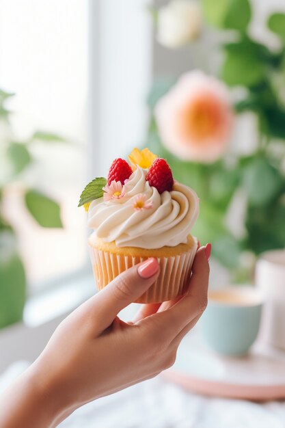 딸기와 함께 맛있는 컵케이크를 들고 손