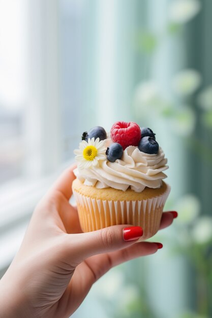 Hand holding delicious cupcake with berries
