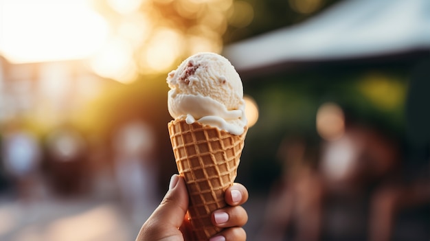 Free photo hand holding delicious ice cream outdoors