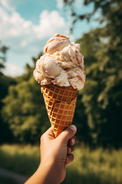 Бесплатное фото Рука держит вкусное мороженое на открытом воздухе