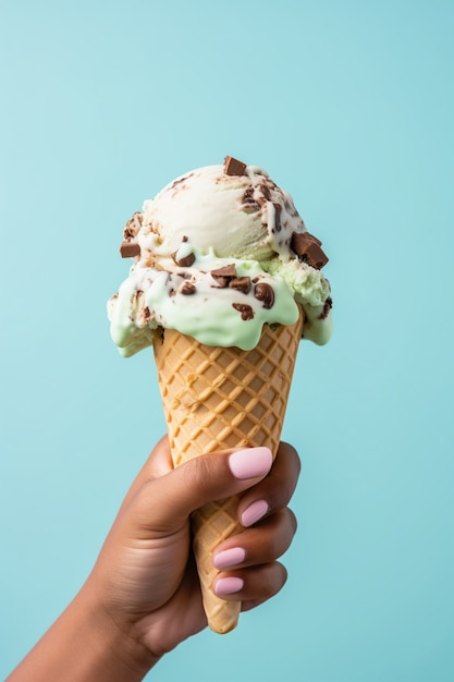 Free photo hand holding delicious ice cream in studio