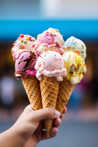 Рука держит вкусное мороженое на открытом воздухе
