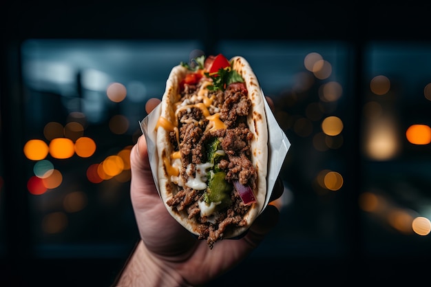 Free photo hand holding delicious taco outdoors