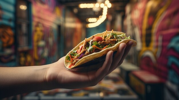 Hand holding delicious taco