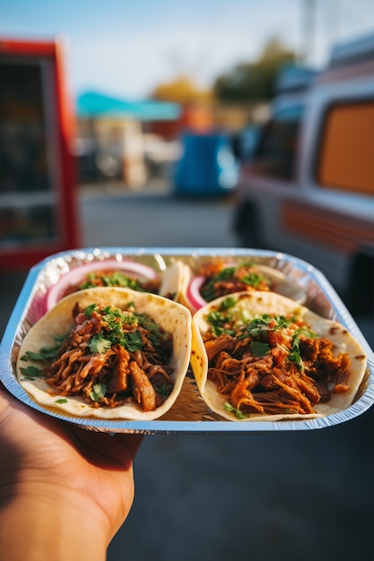 Hand holding delicious tacos