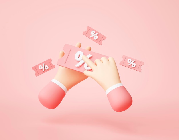 Hand holding Discount voucher percentage online shopping symbol icon cartoon 3d rendering