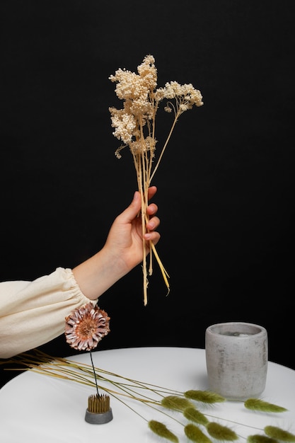 Free photo hand holding dried plants side view