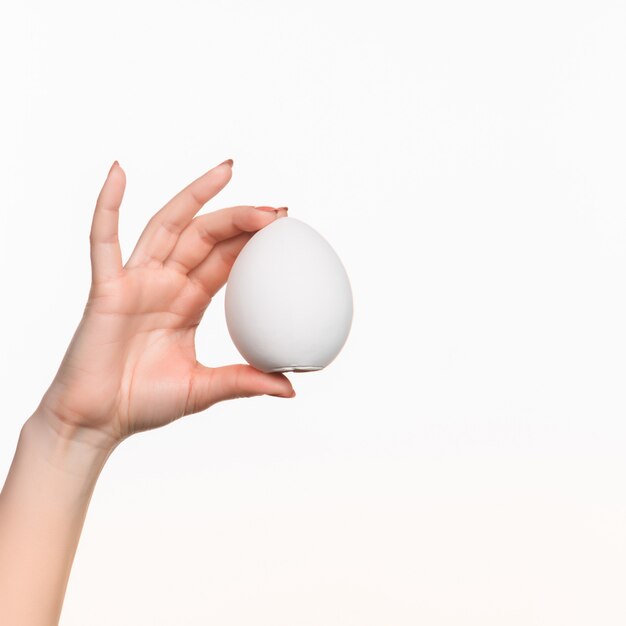 Hand holding a egg on white