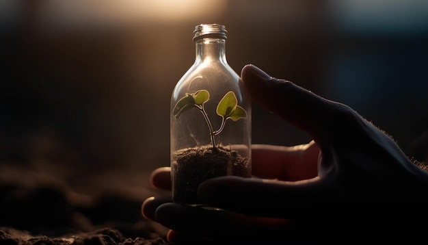 Hand holding fresh organic seedling in glass bottle generated by AI
