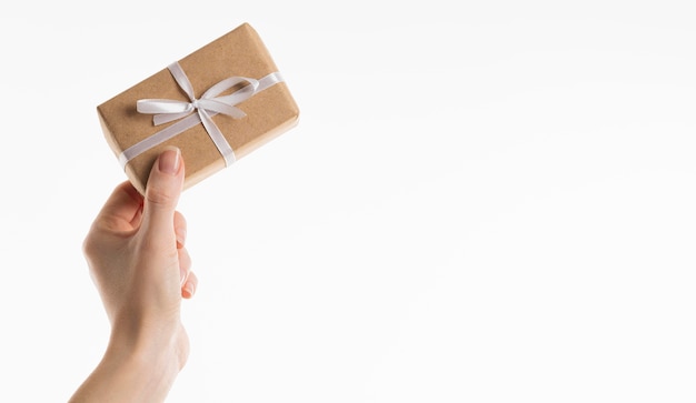 Hand holding gift with bow and copy space
