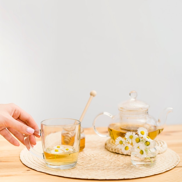 Hand holding glass with teapot and honey jar