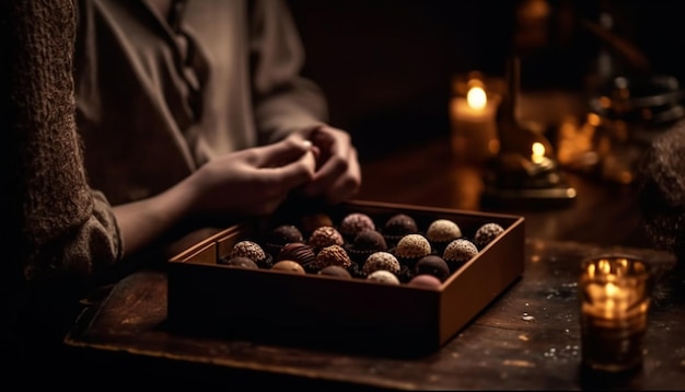 Foto gratuita mano che tiene una scatola di tartufi al cioccolato fondente fatta in casa generata dall'intelligenza artificiale