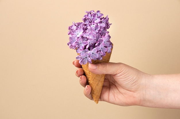 꽃과 함께 손을 잡고 아이스크림 콘