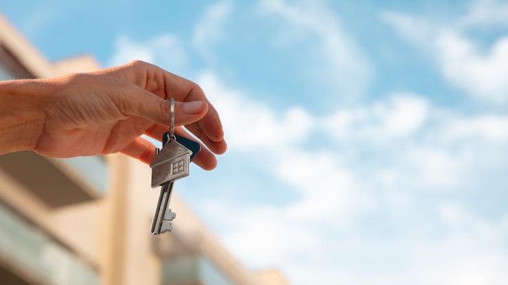 Free Photo hand holding key with copy space