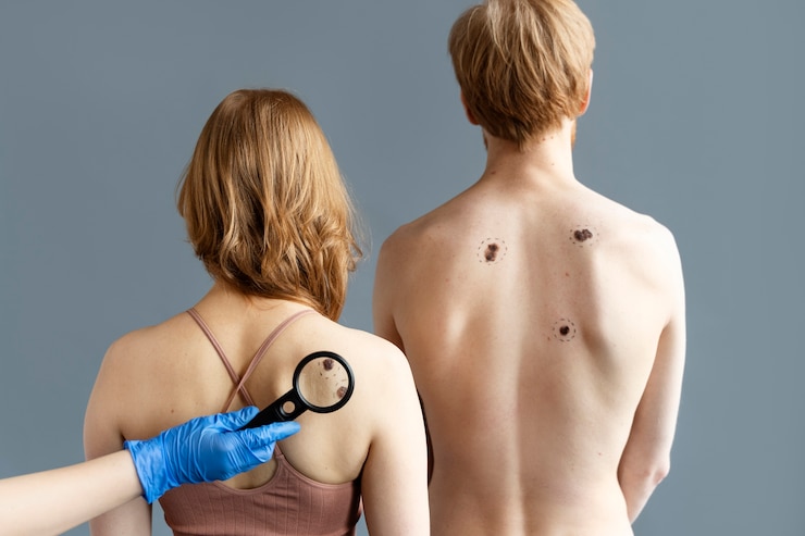Free Photo hand holding magnifying glass on melanoma