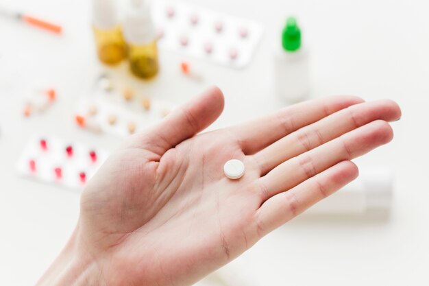 Hand holding a medicine pill