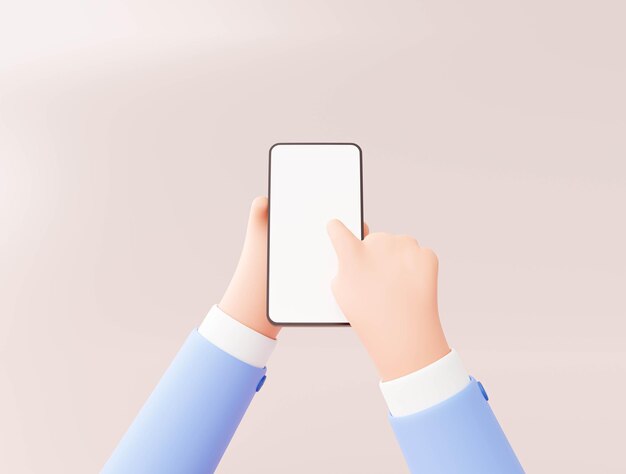 Рука с мобильным смартфоном и сенсорным экраном бизнес-концепция 3d иллюстрации шаржа