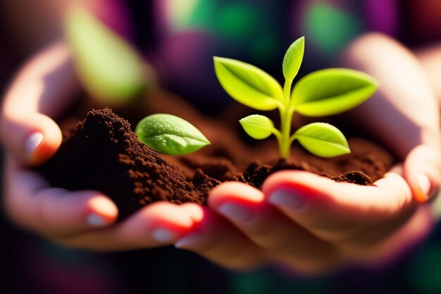 A hand holding a pile of soil with a plant growing out of it.