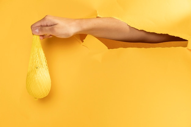 Free photo hand holding raw lemon in a bag