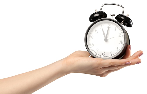 Hand holding retro alarm clock with white background