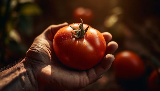 Hand holding ripe tomato of freshness generated by AI