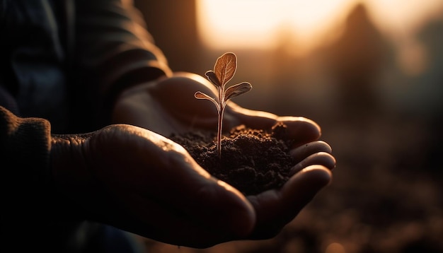 Hand holding seedling new life begins outdoors generated by AI