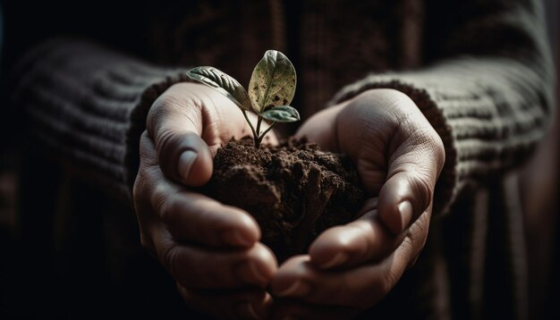 Hand holding seedling symbolizes new beginnings in nature generated by AI