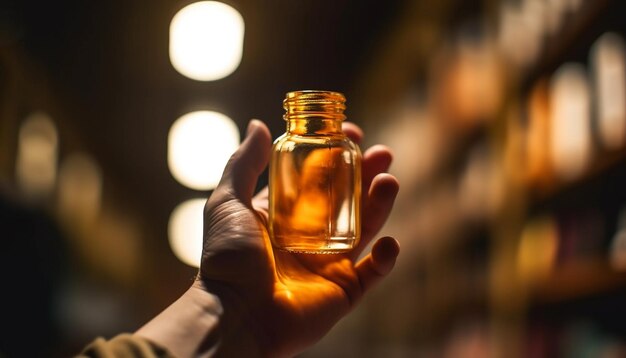 A hand holding a small bottle of liquid