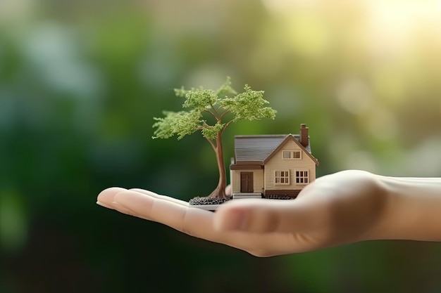 A hand holding a small house with a tree growing out of it