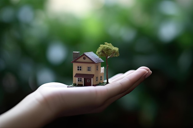 A hand holding a small house with a tree on the top