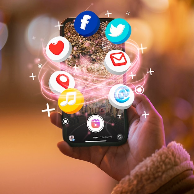 Free photo hand holding smartphone social media concept