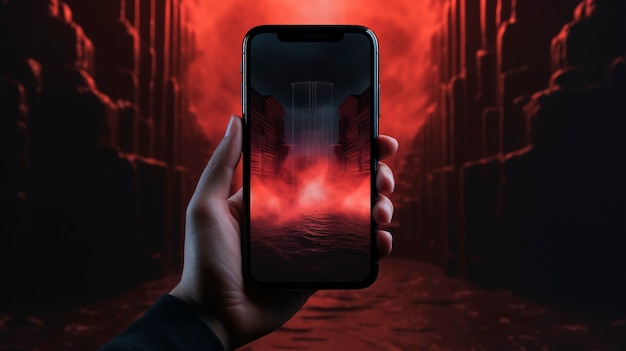 Hand holding smartphone with abstract wallpaper coming out of the screen