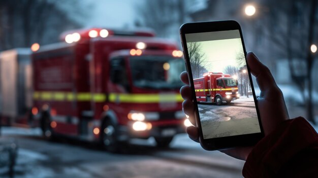 Hand holding a smartphone with an ambulance in action visible on the screen